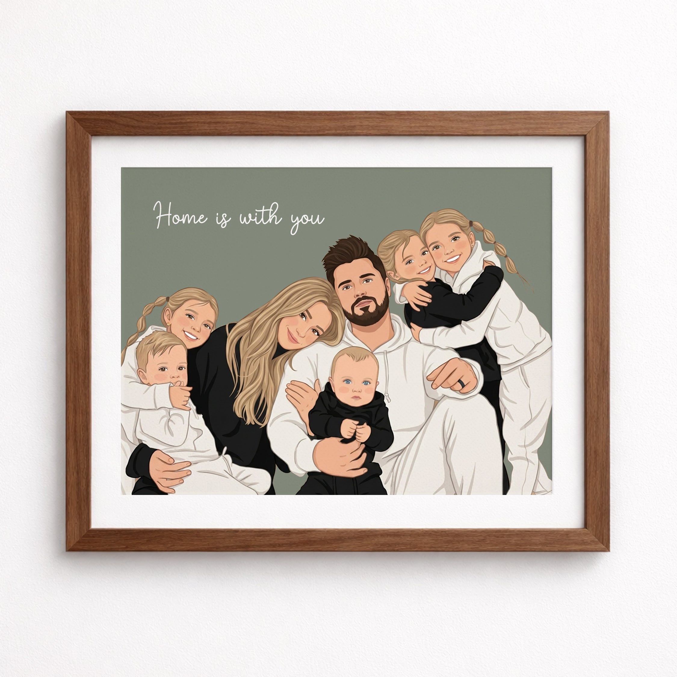 Framed illustration of a family with children on a green background
