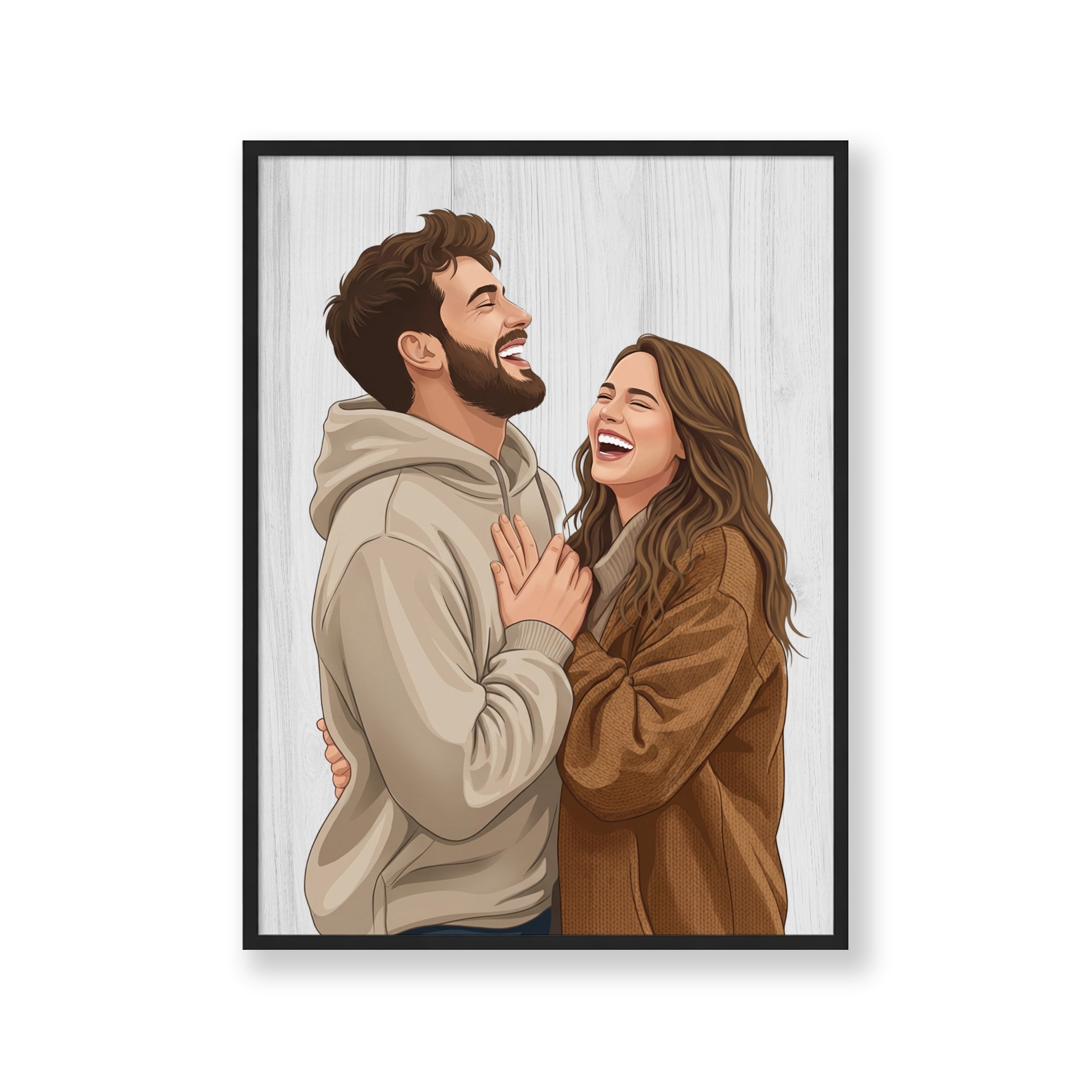 Framed artwork of a couple embracing on a wooden panel background