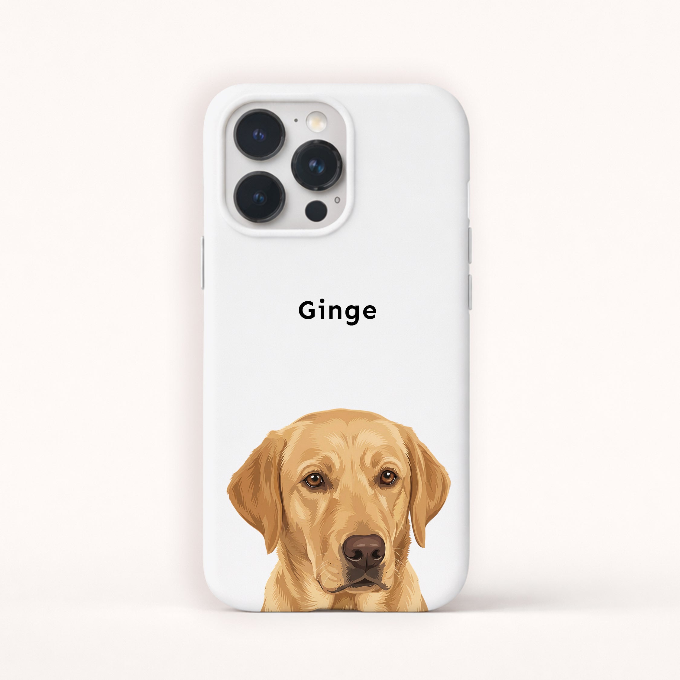 Phone case with a dog illustration and the name 'Ginge' on a white background